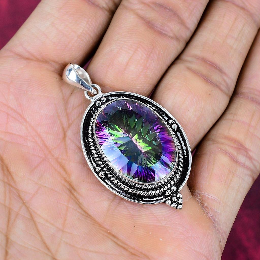 Ciondolo Topazio Mistico Arcobaleno Pietra Preziosa Gioielli, Ciondolo in Argento Sterling Massiccio 925, Gioielli Fatti a Mano Ciondolo Pietra di Nascita, Regalo Per Lui