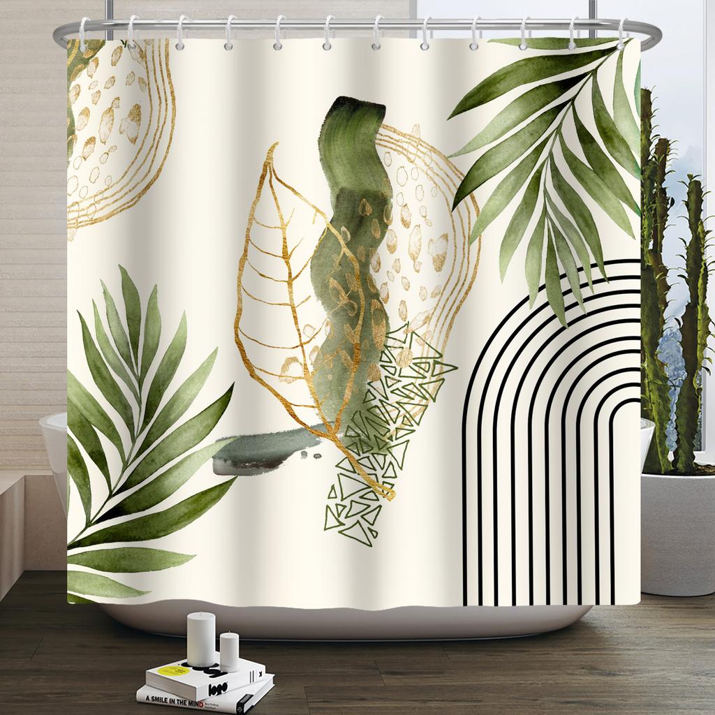 Mid Century Abstract Boho Shower Curtain Green Leaf Plant Modern Arch Sun Minimalist Nordic Waterproof Bathroom Bath Curtain