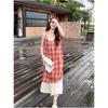Super Good-looking and Thin Fake Two-piece Splicing Red Plaid Suspender Skirt Women's Summer New Loose Small Dress