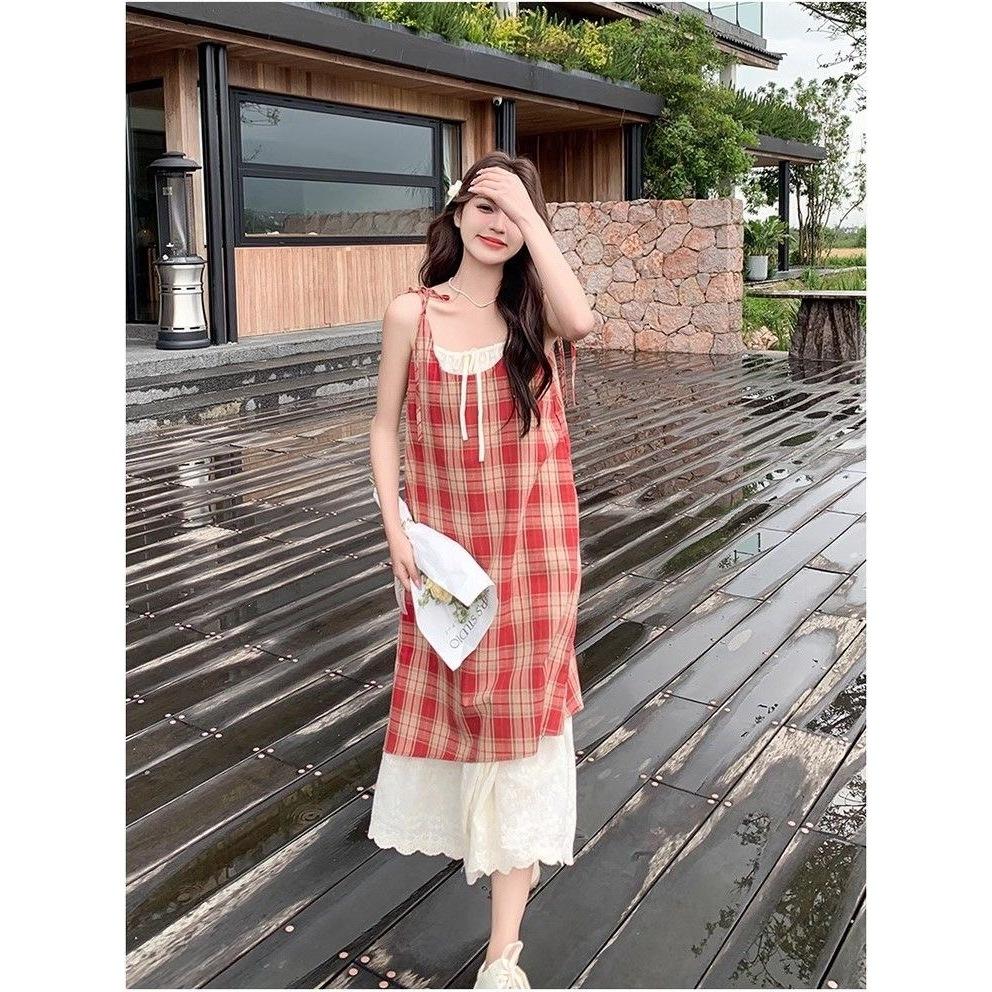 Super Good-looking and Thin Fake Two-piece Splicing Red Plaid Suspender Skirt Women's Summer New Loose Small Dress