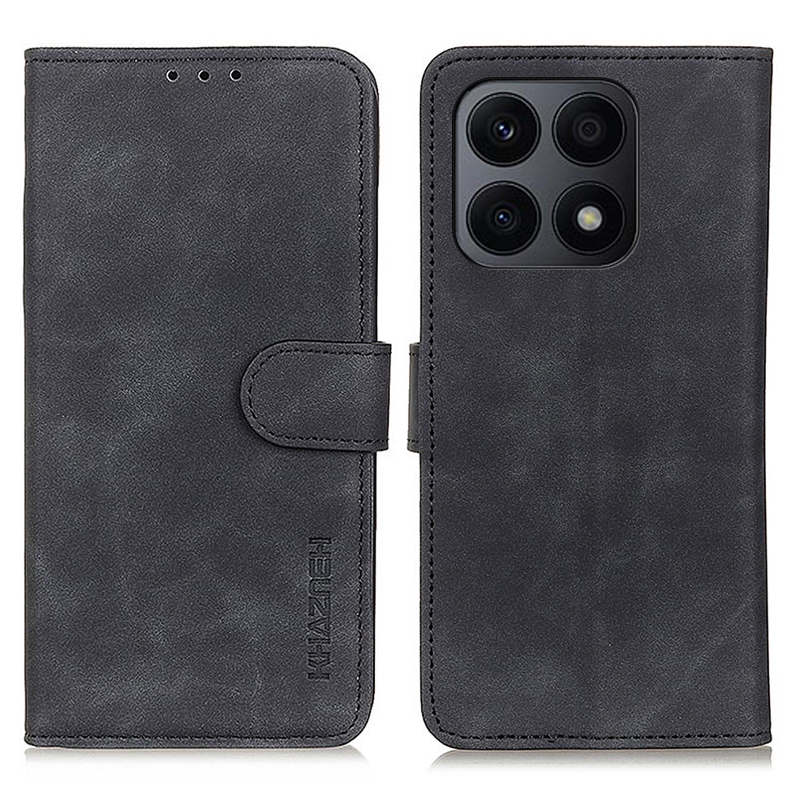 

KHAZNEH For Honor X8a 4G Leather Phone Case Retro Texture Wallet Stand Protective Phone Cover Black