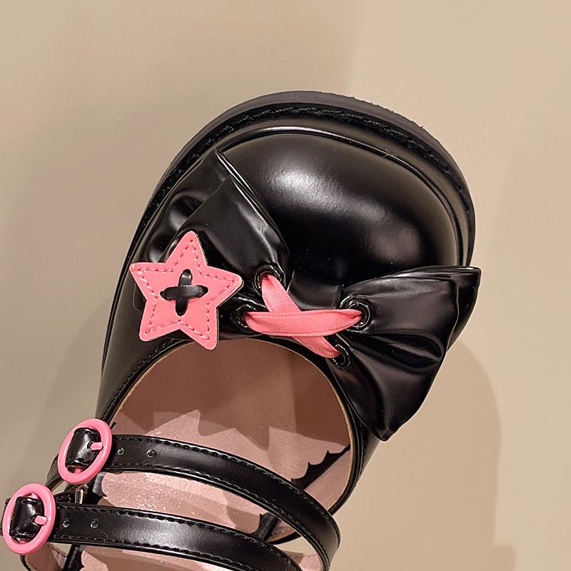 Fashion Sweet Girls Lolita 8 cm High Heels Platform Shoes ,Young Women Students Cute Black Leather Star Ankle Strap Mary Janes