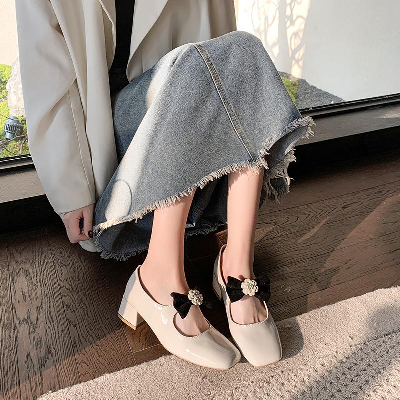 2025 Squared Heel Women High Heels Single Shoes Glitter Genuine  Top Quality Fashion Round Toe All Match Cute Beautiful Pumps