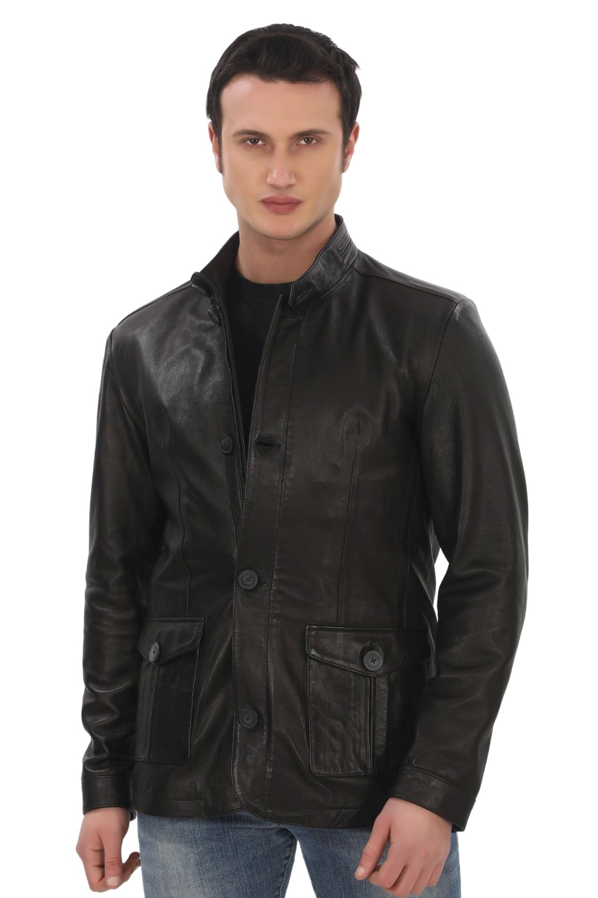 

Men s Genuine Lambskin Jacket Black Stylish and Classic Leather Coat Buttoned and Zippered Modern Design 2XL чорний