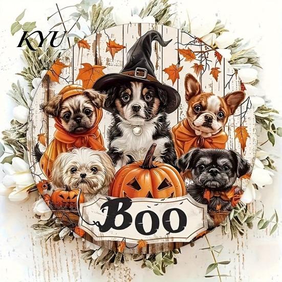 Autumn Maple Leaf Decor Wooden Halloween Door Sign, Cute Puppy Witch Hat Pumpkin Boo Front Gift for Dog Lovers Hanger, Fall Wall Porch Home Decoration