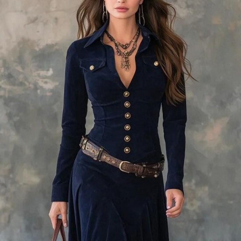 Rochie Midi Vintage cu Nasturi, Strâmtă, Guler Înalt, Mânecă Lungă, Aspect de Piele de Cămilă, Streetwear Femei, Linie A, Talie Înaltă