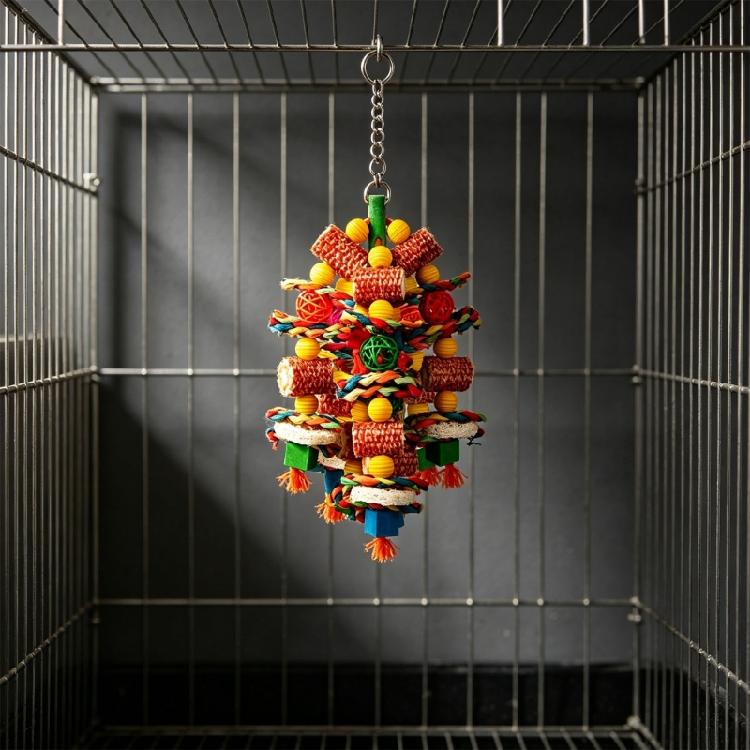 Indoor Cage Chew Toy for Parrots and Pet Birds, Wood Corncob Husk Hanging Design Foraging Shredding Toy for Daily Enrichment