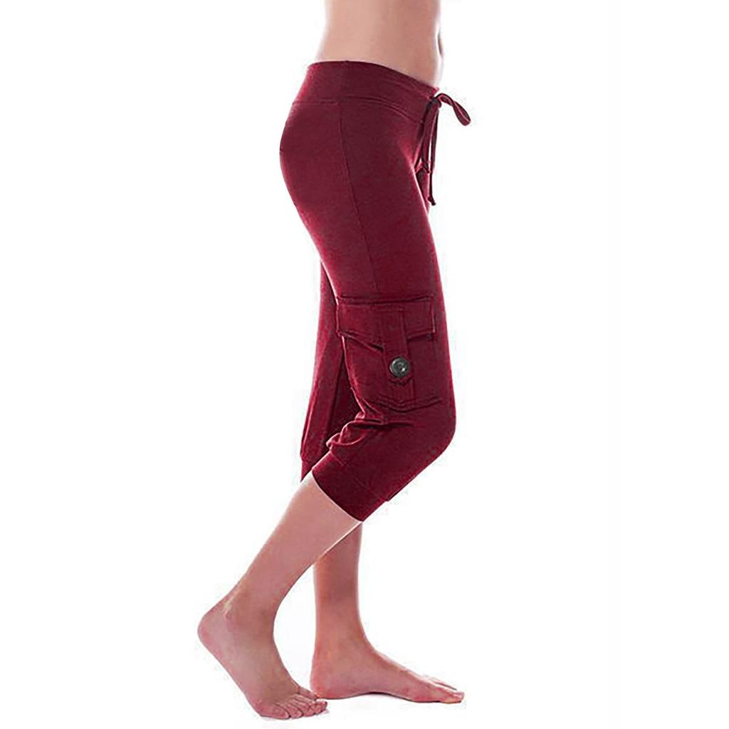 Women's Stretch Waist Button Side Pocket Yoga Cropped Pants