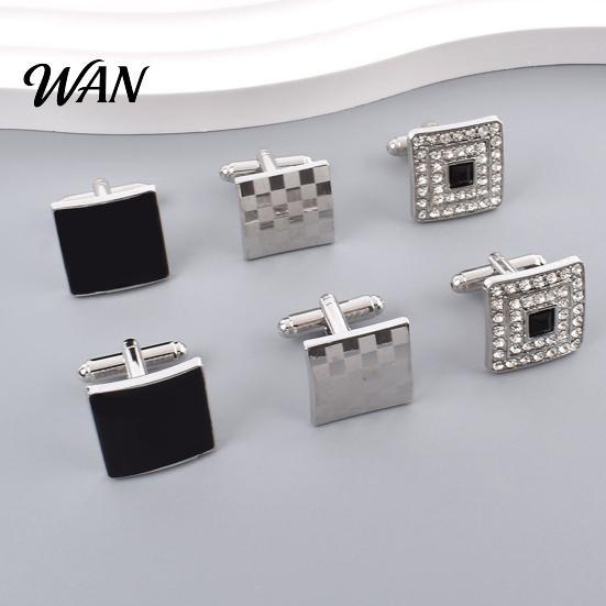 Classic Cufflinks 1 Pair Men Polished Smooth Surface Rhinestones Inlaid Rectangle Shirt Round Twist Shape Suit Button Replacement Accessories