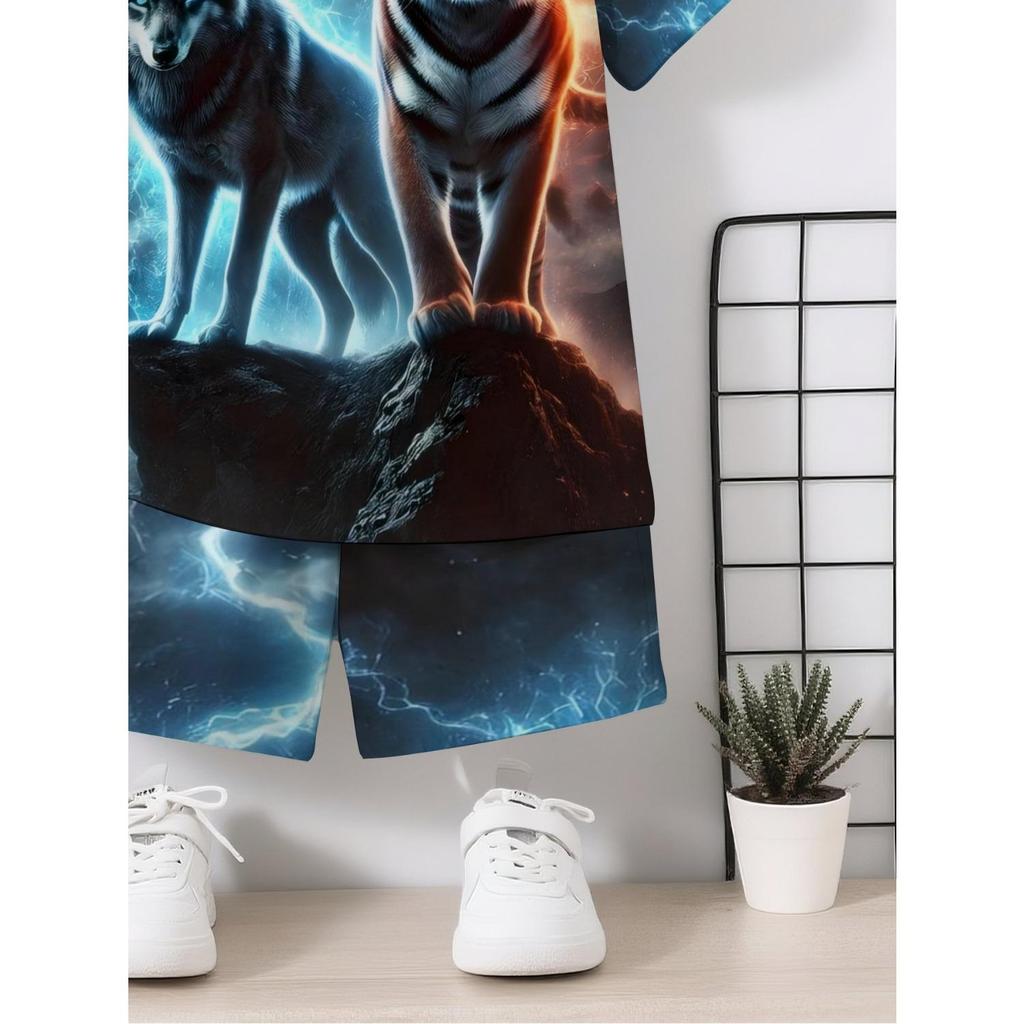 Lightning Tiger and Fierce Wolf 3D Printed Design | New Boys' Fashion Round Neck Short Sleeve Top+Casual Short Sleeve Shorts Set