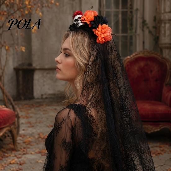 Gothic Halloween Headpiece Pumpkin Skull Floral Headband, Stable Hair Hoop with 3D Artificial Spooky Headband Flowers And Spiderweb Black Gauze Party
