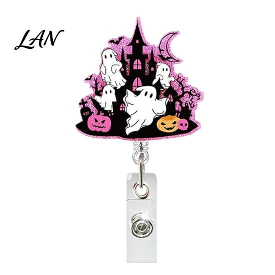 Teacher Badge Reel Retractable Holder, Halloween Glitter Acrylic Reel, Cute Ghost ID Card Pumpkin Holder for Nurse Doctor Worker