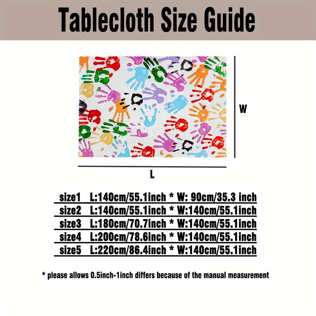 Fun Kids Art Tablecloth,Multicolor Handprint Design,Clean Scalloped Trim, Dirt Resistant for Home Decor Casual Family Gatherings