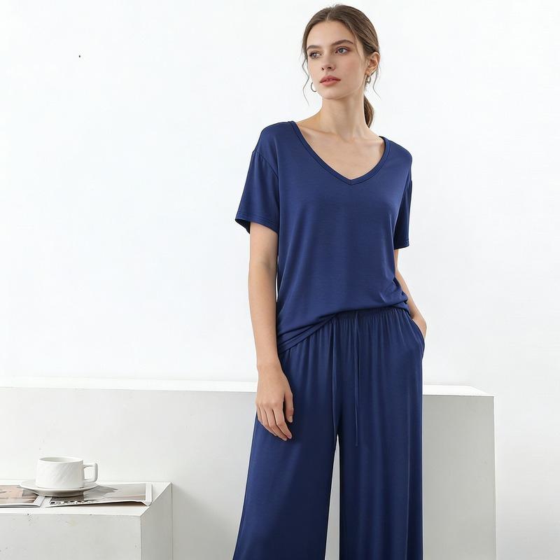 Modal Homewear 2pcs Pajamas Set Short Sleeve Tops and Trousers Solid Color Casual Loose Sleepwear Suit Plus Size Nightwear
