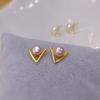 French Gold V-shaped Simple and Beautiful Stud Earrings Natural Freshwater Pearl Stud Earrings Women's Sterling Silver Niche Design High-end Earrings