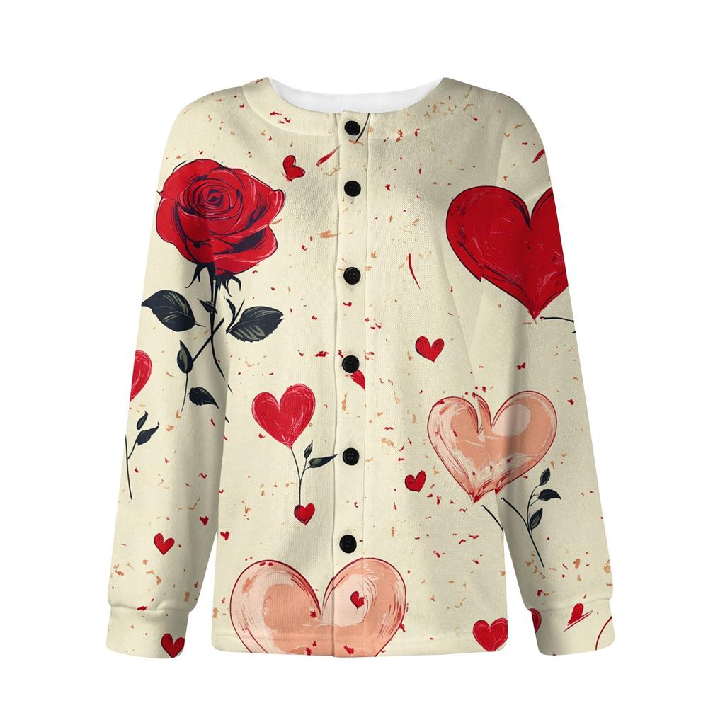 Women's Fashion Valentine's Day Printed Long Sleeve Cardigan Button Jacket