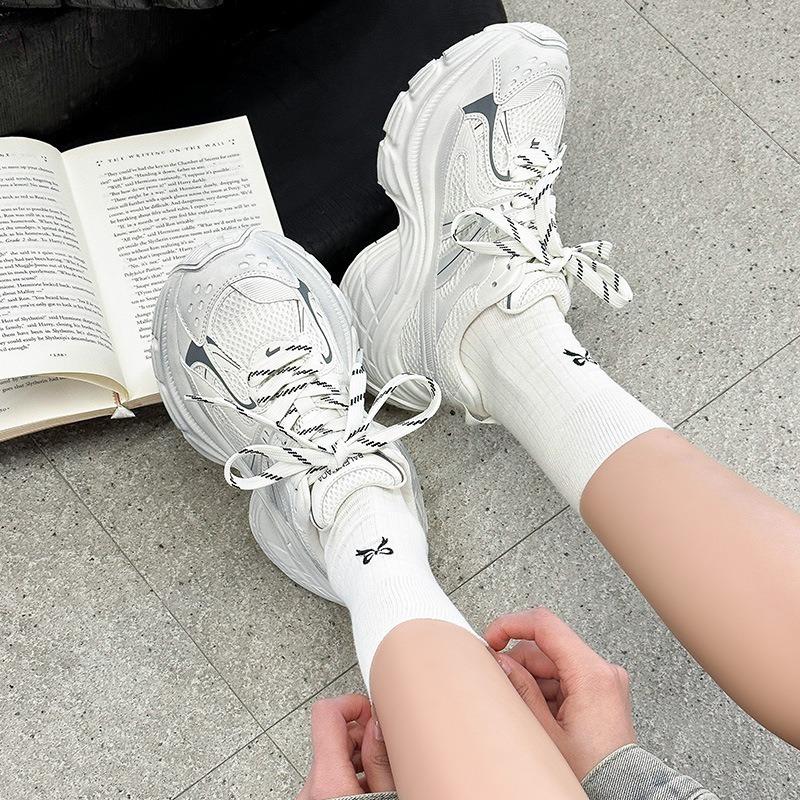 Muffin Platform Sneakers Women's Spring New Leather Mesh Breathable Comfortable Casual Dad Shoes