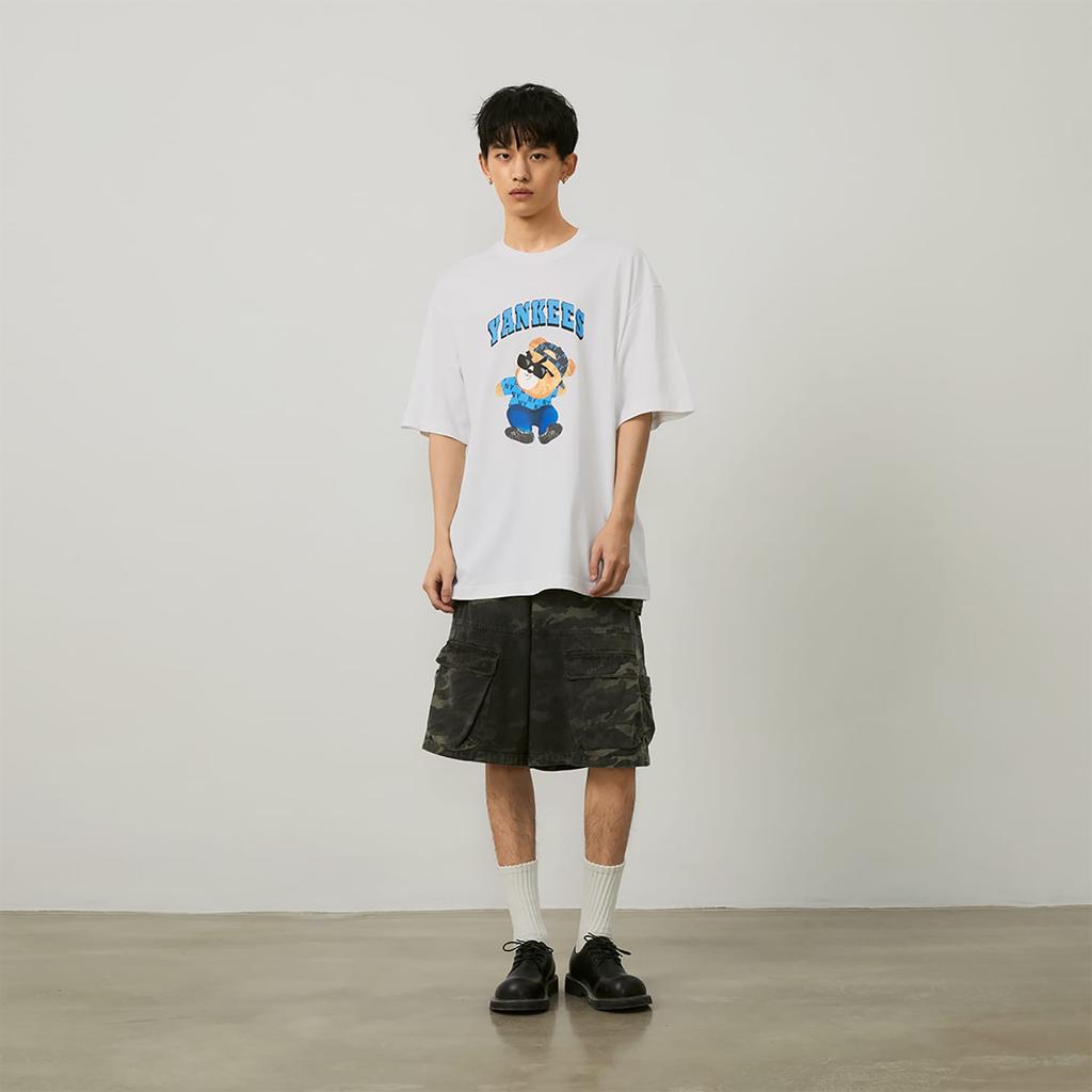MLB Frowning Bear Collection SS24 Drop Shoulder Sleeve T Shirt Unisex White 3ATSE0143-50IVS
