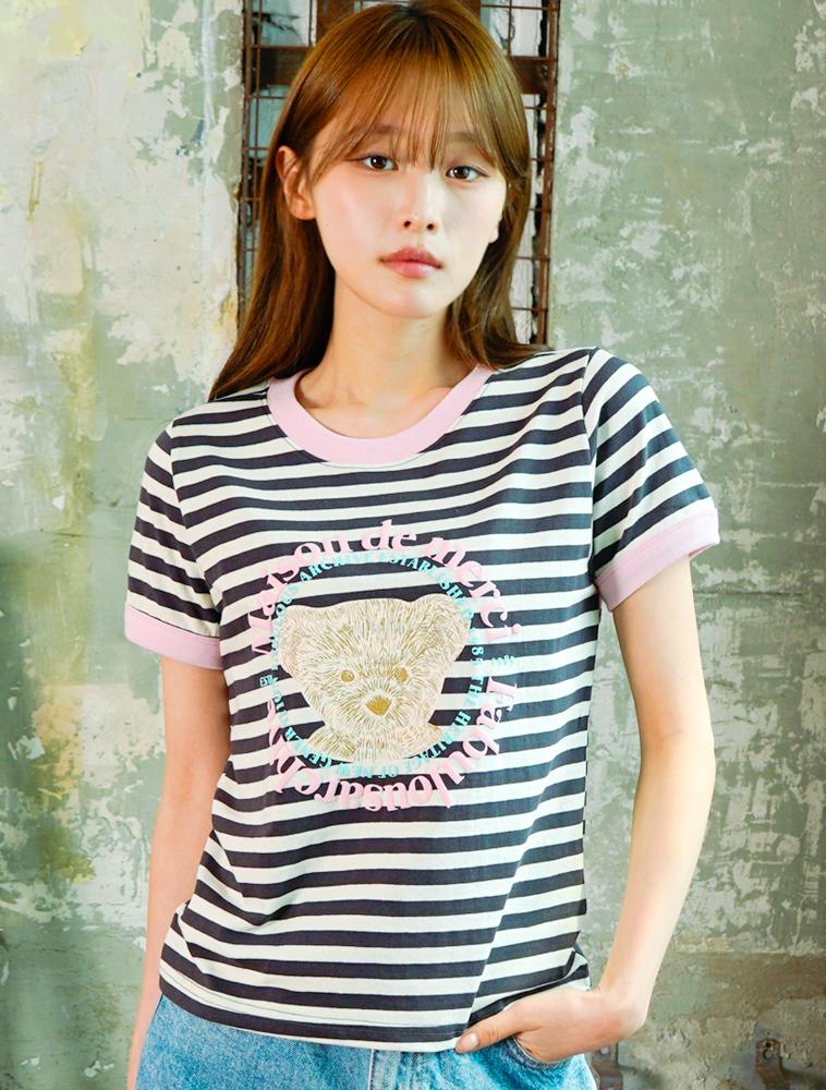 LA MAISON STUDIO Maison Circle Bear Friends Stripe Ringer Short Sleeve Charcoal(Fcg2Ts761W)