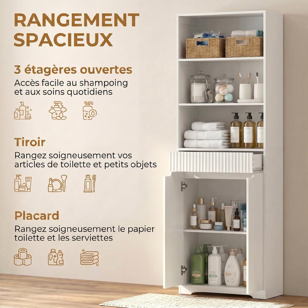 Tall Bathroom Cabinet, 2 Soft-Close Doors, Drawer, 3 Open Compartments, Adjustable Shelves, White