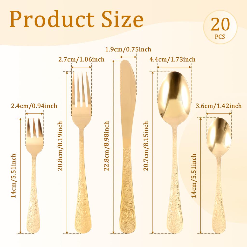 20pcs Stainless Steel Silverware Set Vintage Carved Flatware Cutlery Set Knife/Fork/Spoon Embossed Cutlery Kitchen Utensils