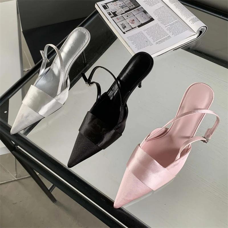 Eilyken Silk Pointed Toe Buckle Strap Women Pumps Elegant Thin High Heels Sandals Sexy Party Stripper Mules Shoes