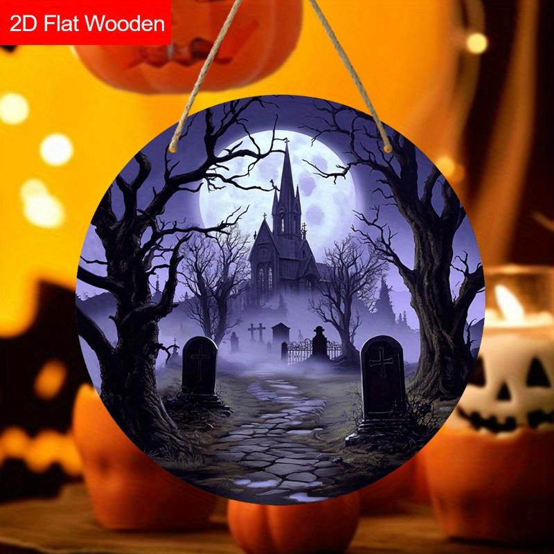 2D Flat 1pc Wooden Halloween Decorative Sign, 7.87x7.87 Inches Church Graveyard Moonlight Night Scene Halloween Decor, Yard Door Porch Window Wall