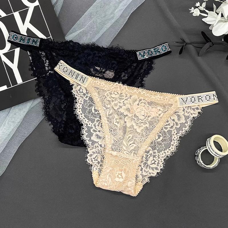 Hot Diamond Sexy Lace Underwear Women's Double Belt Thongs Diamond Decoration Hot Simple Breathable Hollow Lightweight Bikini Panties
