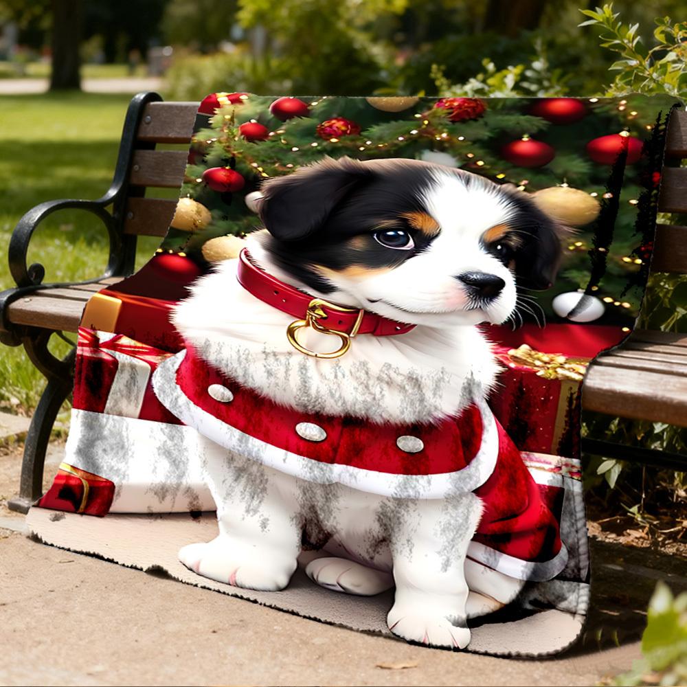1pc Christmas puppy Outdoor Flannel Blanket , Machine Washable Perfect Gift for Birthday , Holiday Travel Accessory , Durable Material