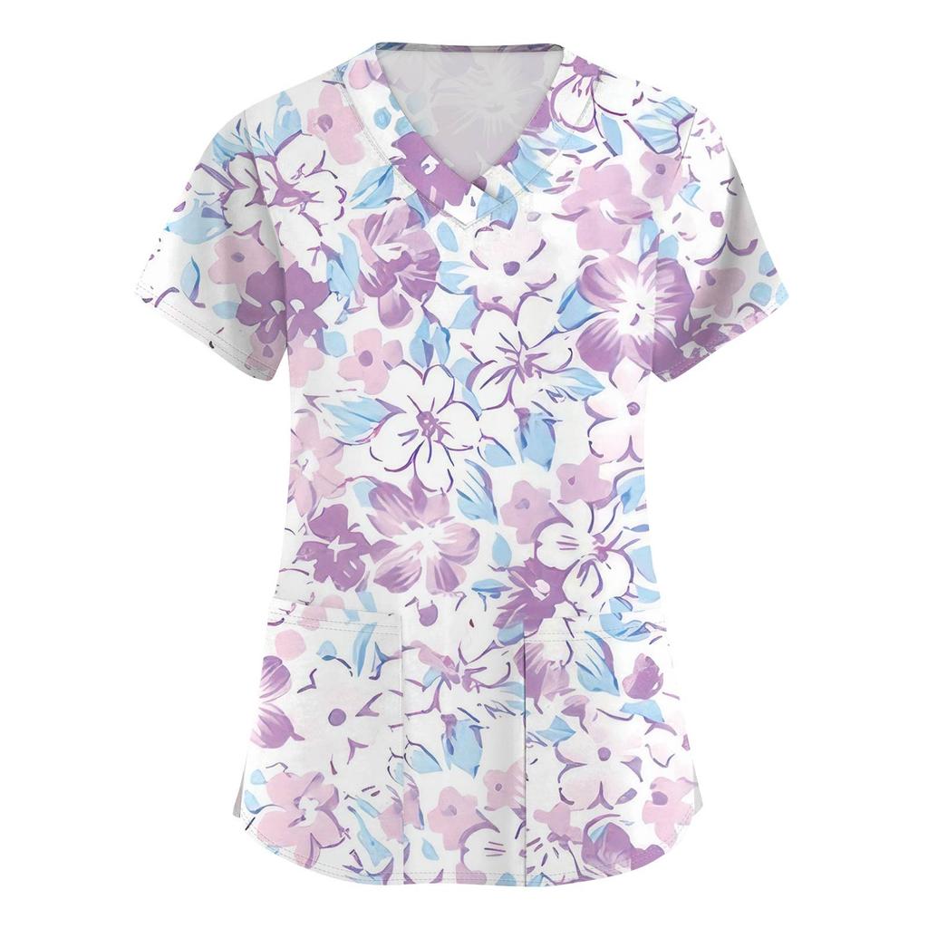 Women's Fashion Printed  Short Sleeve Care Workwear With Double Pockets Top