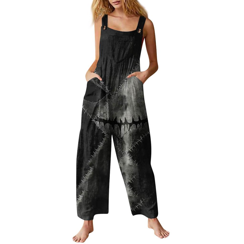 Women's Fashion Halloween Print Casual Vintage Sleeveless Button Jumpsuit
