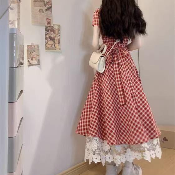 Large size women's clothing sweet wind lace plaid splicing square neck dress summer high waist lace-up A-word short skirt