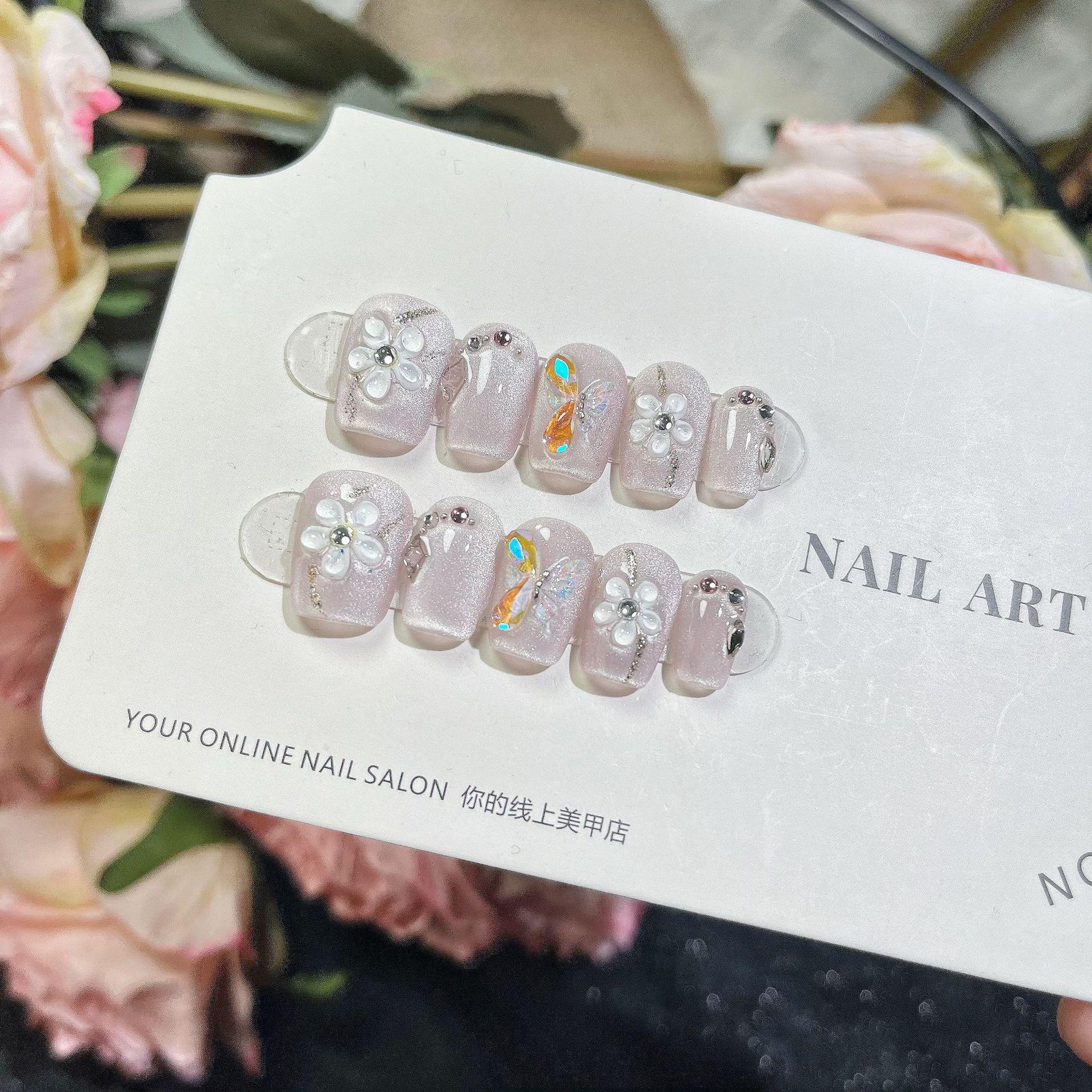 

Ручная работа Светло-фиолетовые ногти «кошачий глаз» с крошечными цветочками – Не цепляются за волосы, Съемные, Для повседневной носки Small