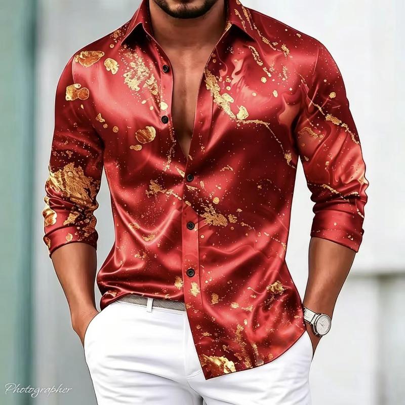 Herren Luxus Satin Langarmhemd mit 3D-bedruckten Seidenknöpfen und glänzender Oberfläche, Nachtclub Party Lässiges Modehemd