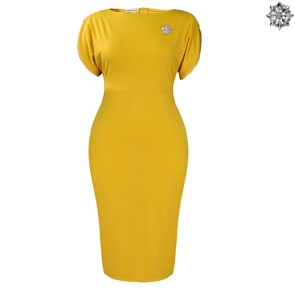 Women's Round Neck Short Sleeve Midi Pencil Dress Slim Fit High Waist Elegant Solid Color Office Dress With Brooch