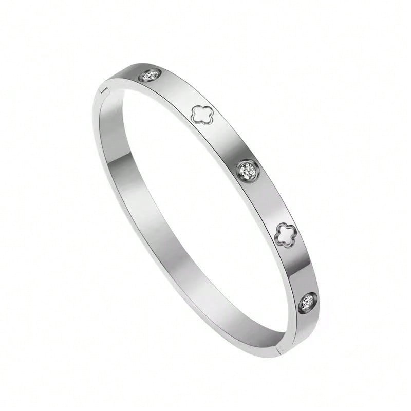 1 Piece Stainless Steel Fashion Clip-On Open Clover Bracelet with Zirconia Suitable for Daily Wear and Holiday Gifts