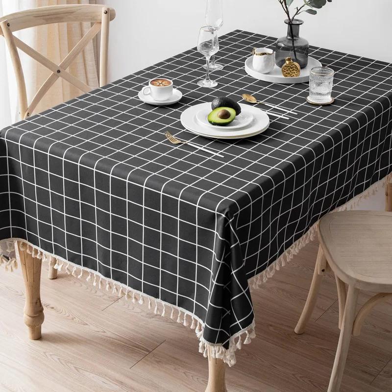 Modern Enkel Rutig Bordsduk Pastoral Bomull Linne Matbord Bordsduk Spets Dammskydd Duk Tehandduk Bordslöpare