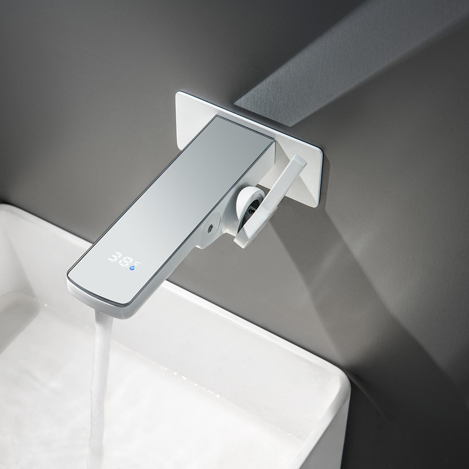 

Tuqiu смеситель для ванной комнаты, латунный настенный серый смеситель для раковины, цифровой дисплей, смеситель для горячей и холодной воды, водопроводный кран белый