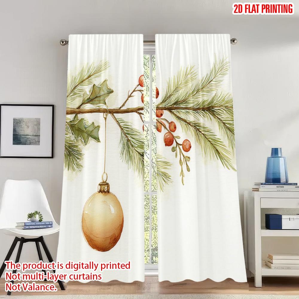 

Flat Printing Merry Christmas Trendy Curtains Pine Branch Berries Ornament Digital Printed Polyester Drapes Set Of 2 Made W100*H70(CM)-Rod Pocket&1PCS