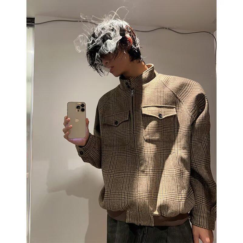 

Men s Korean Style Houndstooth Retro Stand-up Collar Harrington Jacket, Autumn/Winter Wool Coat M хакі