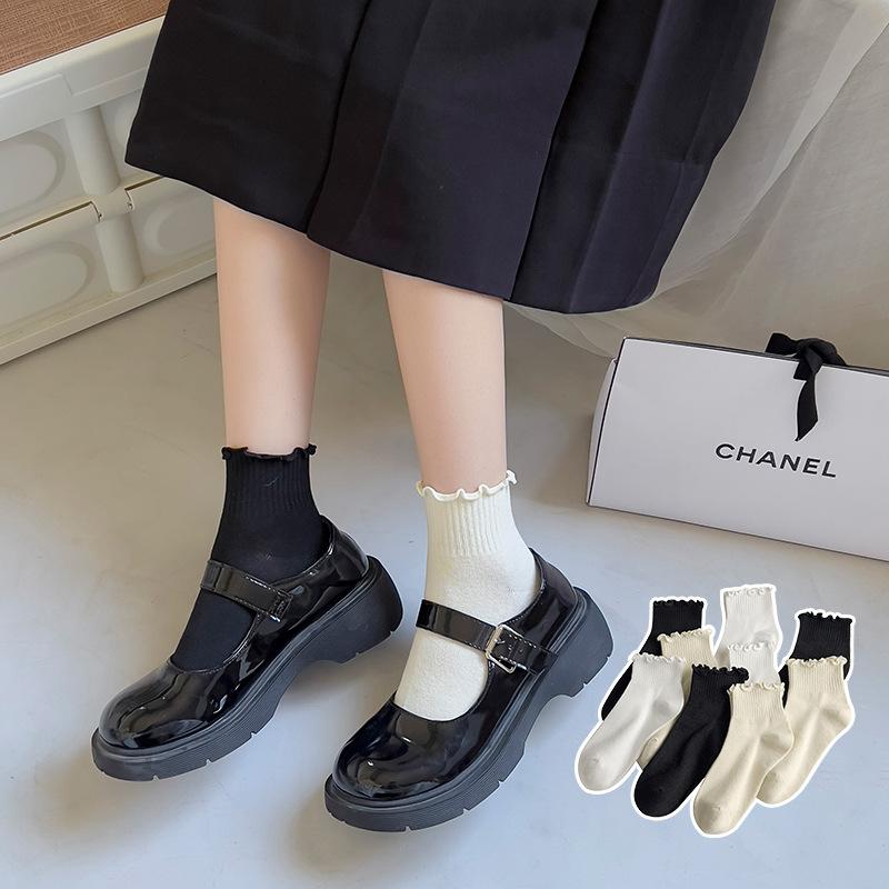 5 Pairs Wooden Ear Side Socks Women's Summer Short Tube Lace Socks Spring and Autumn Socks Tide Socks