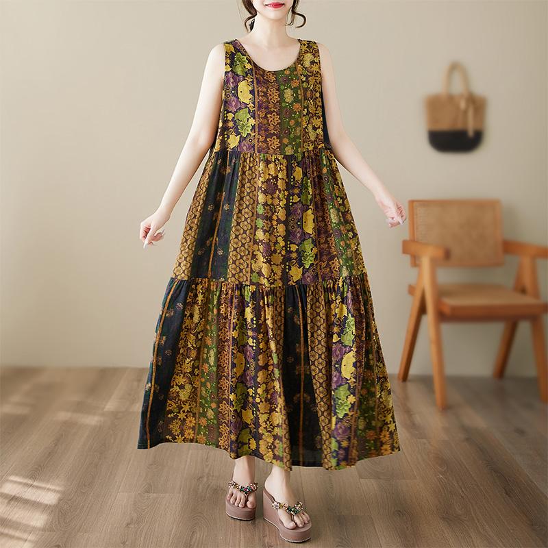 DIMANAF Plus Size Dress Summer Women Vintage Linen Elegant Style Sleeveless Floral Loose New Long Dress 8020