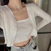 Korean Style Two Pieces Set Cardigan Women Autumn Candy Color Long Sleeve Ribbed Knitted Cropped Sweater and Matching Vest
