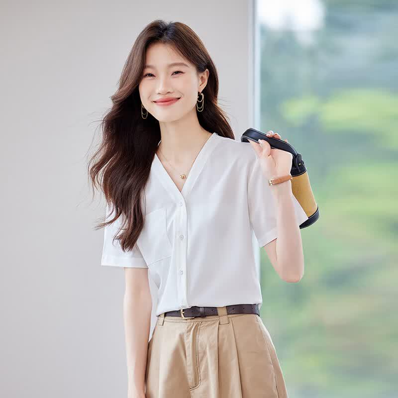 Women's V-Neck Short Sleeve Chiffon Blouse