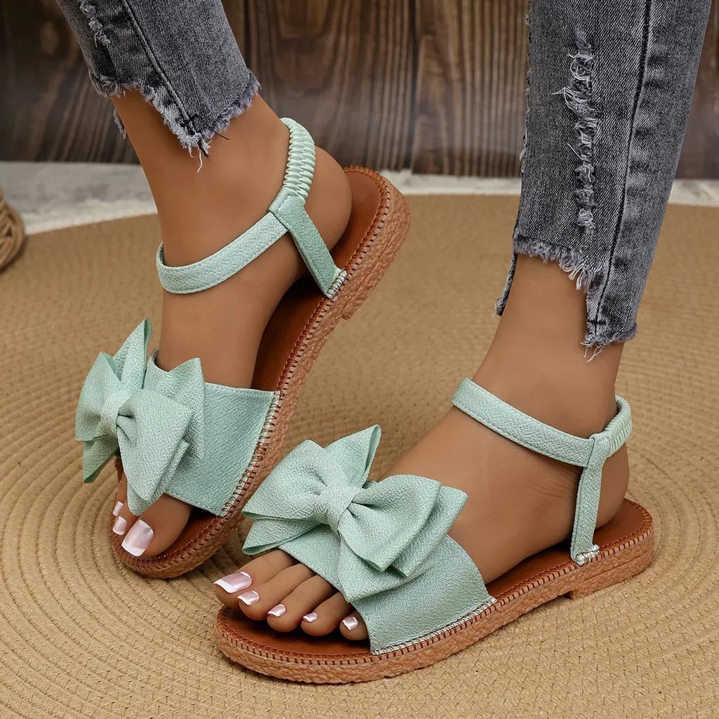 Sandalias Mujer Verano 2024 New Soft Sole Bow Flat Heel Sadnales Femmes Casual Gladiator Footwear Slip on Solid Women Shoes