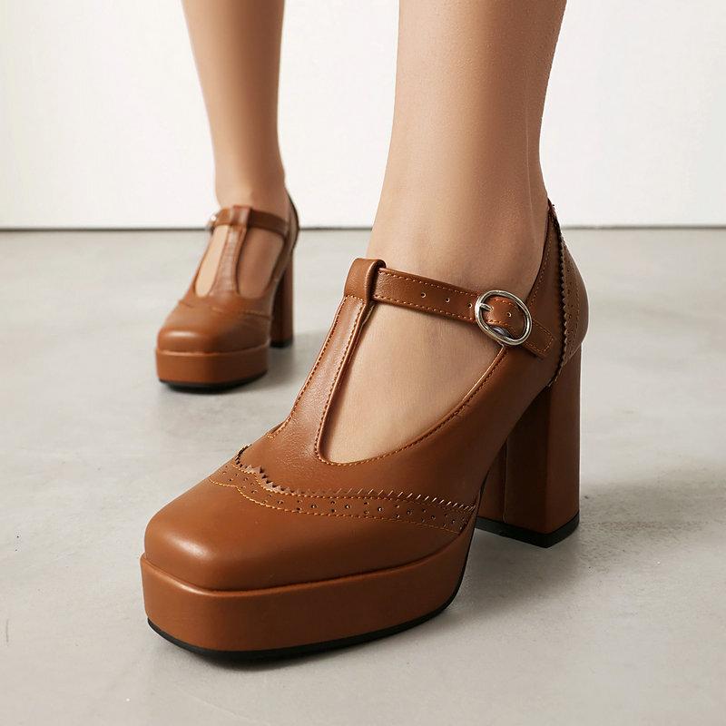 Bullock women's single shoes spring and autumn square head platform thick heel super high heel T-strap British style women's high heels