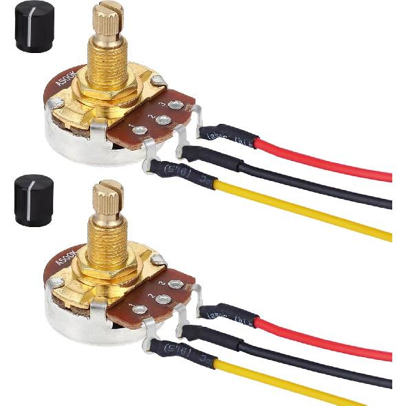 2 Pack Full Size Metric Guitar Bass Pots, 500k Potentiometer Brass Shaft Audio Taper Potentiometers, Guitar Potentiometer for Volume and Tone Short