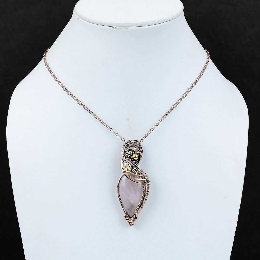 Rose Quartz Gemstone Handmade Pure Copper Wire Wrapped Pendant Jewelry For Thanksgiving