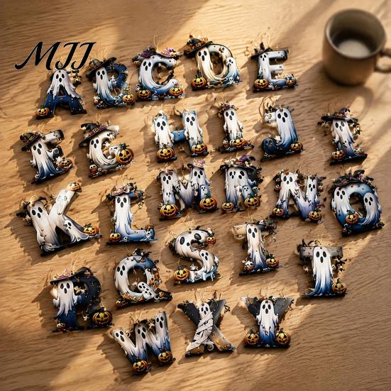 Holiday Scenery for Cafes Hotels Halloween Letter Ornament, Spooky Hanging Wooden Alphabet Letters Pendant with Ghost Creative Photo Prop Wall