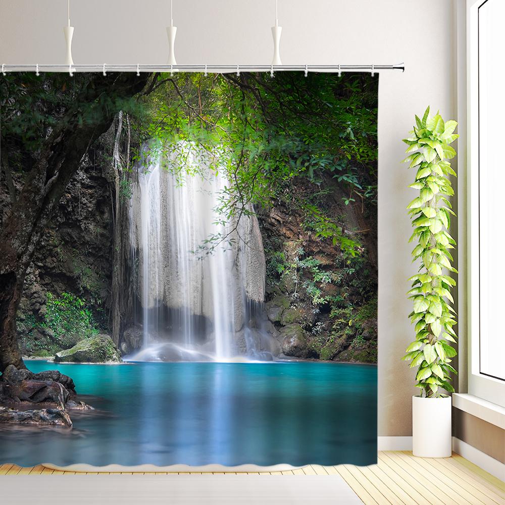 Forest Waterfall Nature Scenery Shower Curtain Flowers Green Plant Trees Birds Animals Home Decor Bathroom Curtains With Hooks